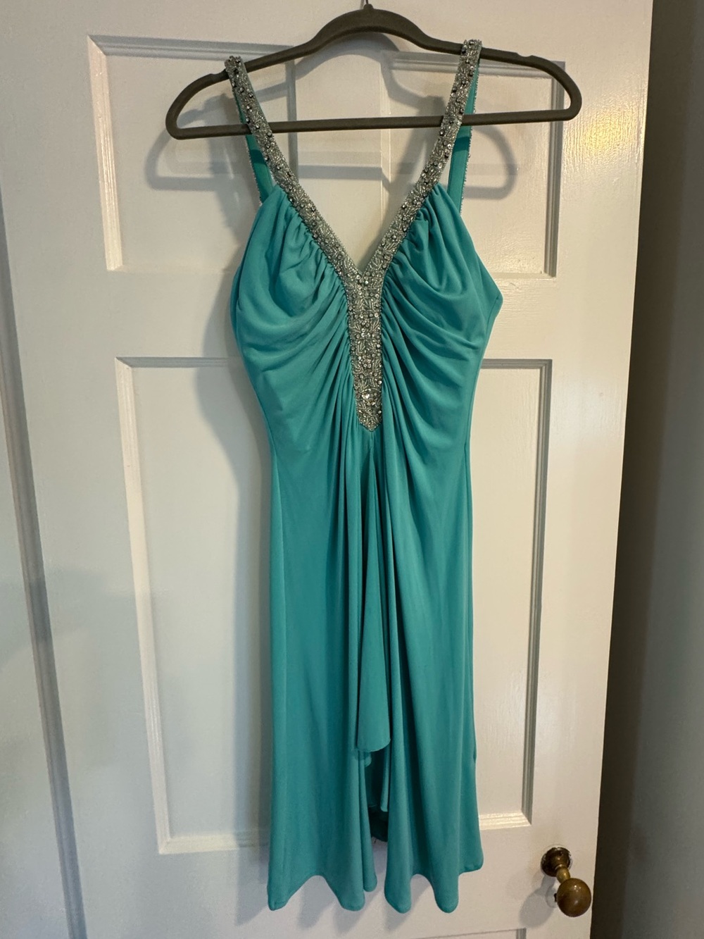 Vintage Teal Beaded V-Neck Evening Dress